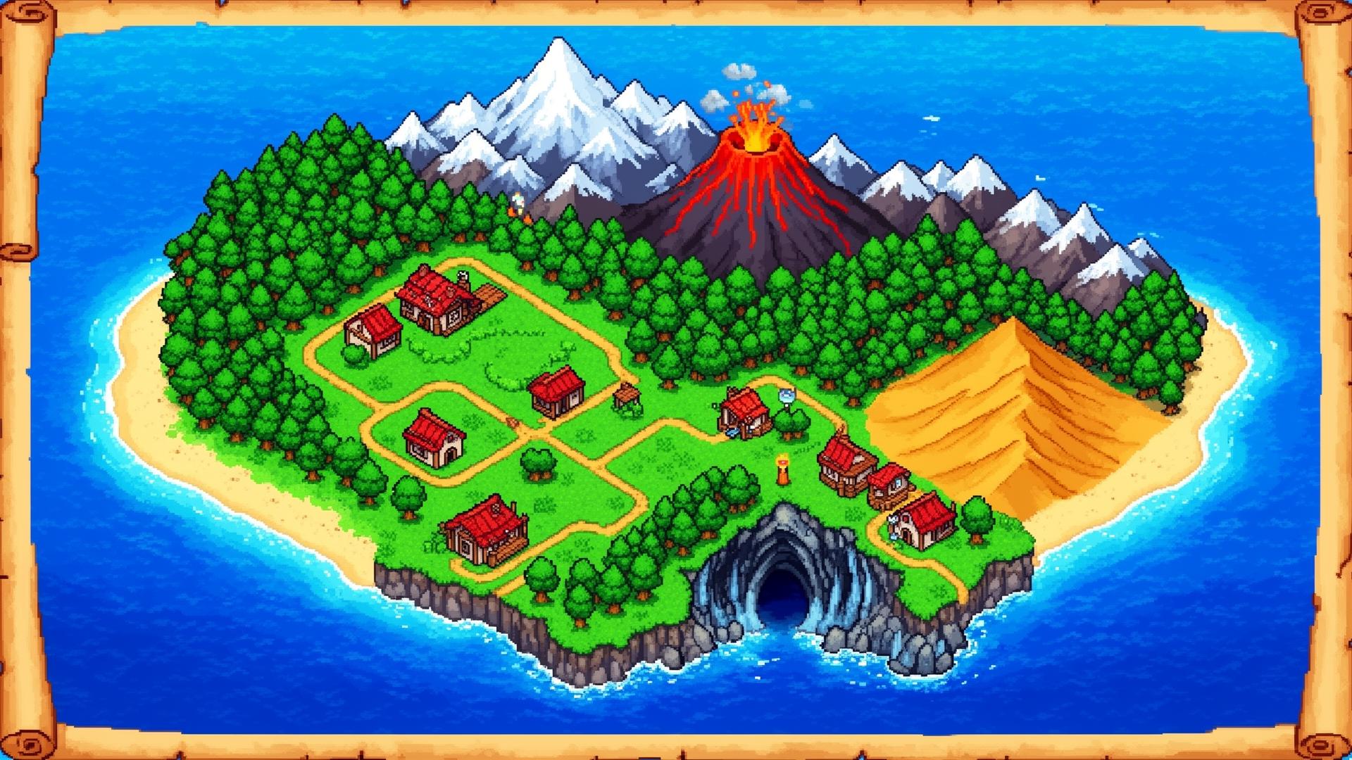 Pixel-Art Weltkarte der fiktiven Serpinia-Region mit Vulkan, Bergen, Wald, Wüste, Höhle und Dörfern – Fundorte des Serponado Monsters