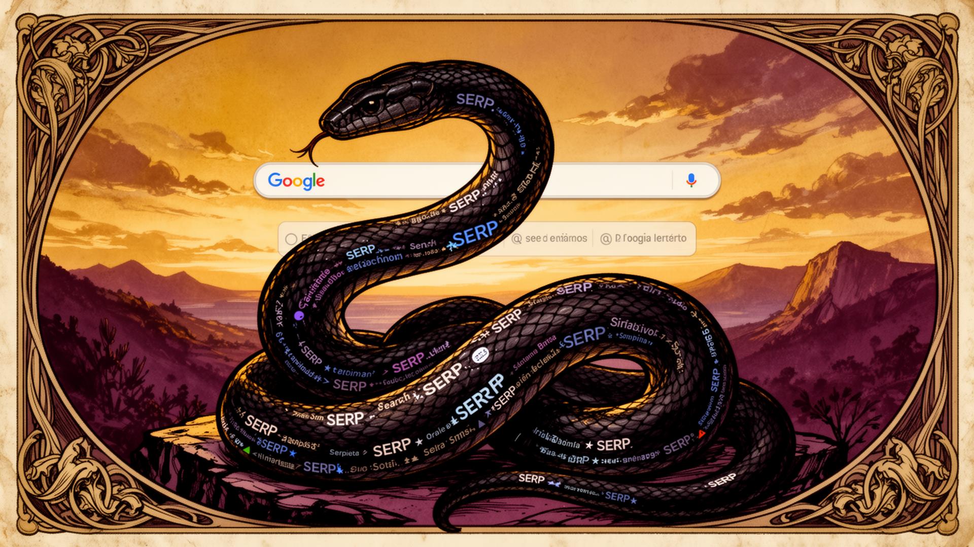 Mediterrane Schlange (serpiente) windet sich um eine stilisierte Google-Suchleiste – Symbol der Serponado-Schlangen-Strategie